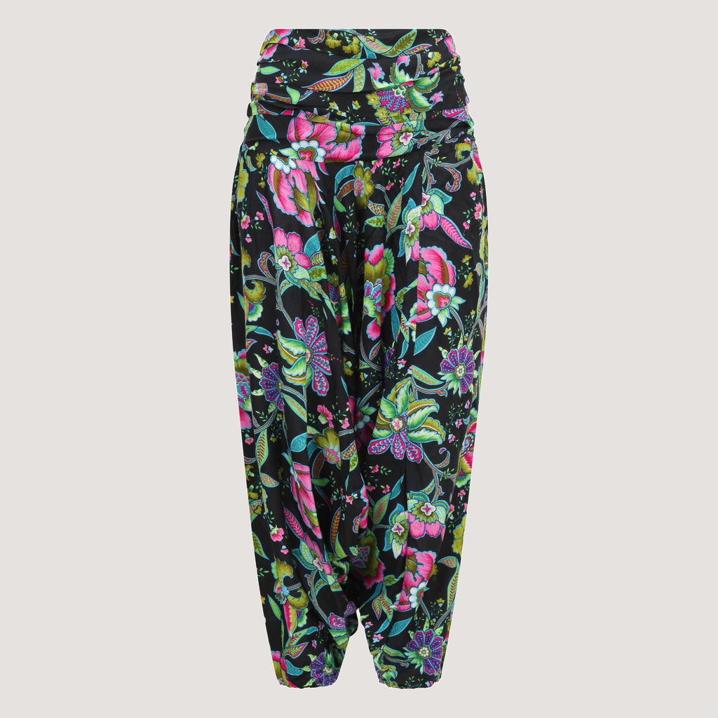 Black tropical flower harem trousers 2-in-1 jumpsuit designed by OMishka