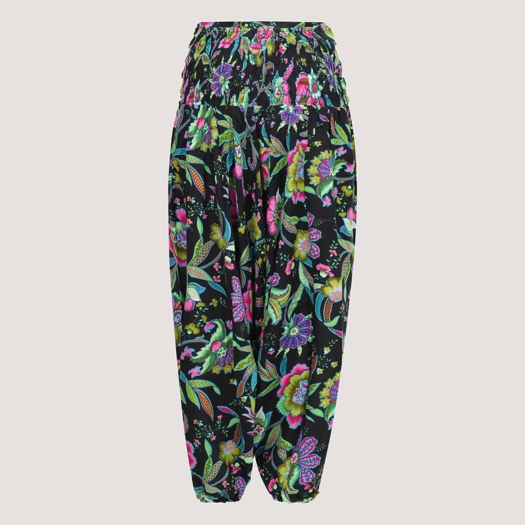Black tropical flower bandeau jumpsuit 2-in-1 harem pants designed by OMishka