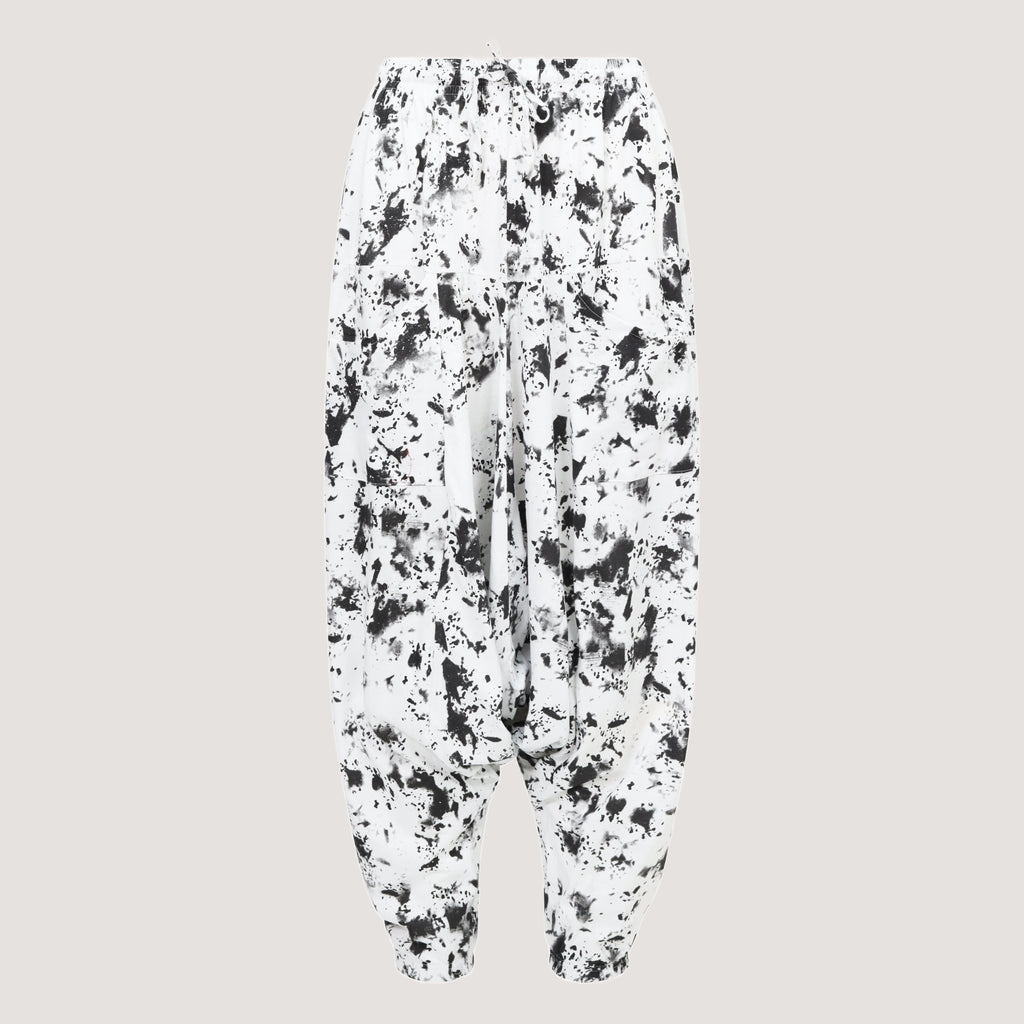 White with black patches super-soft bamboo harem pants designed by OMishka