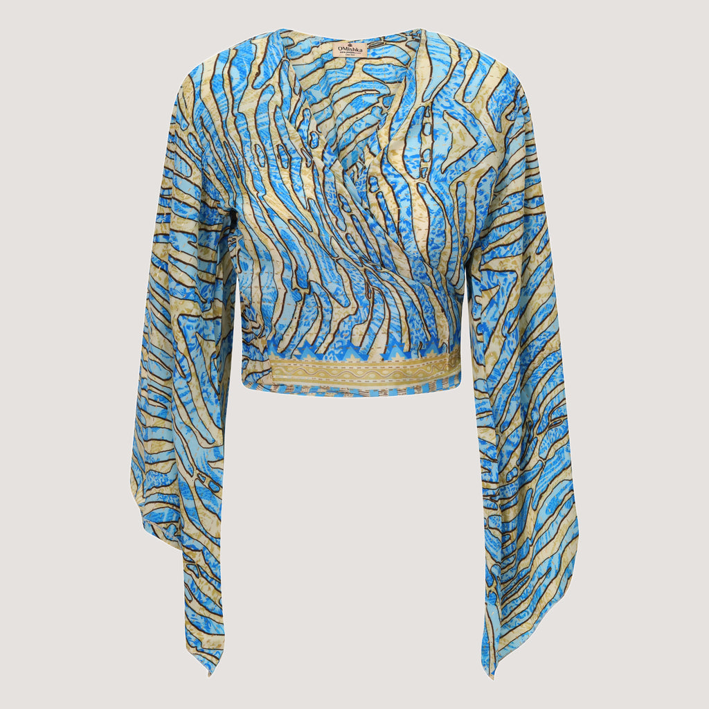 Blue and gold striped animal print recycled sari wrap top designed by OMishka