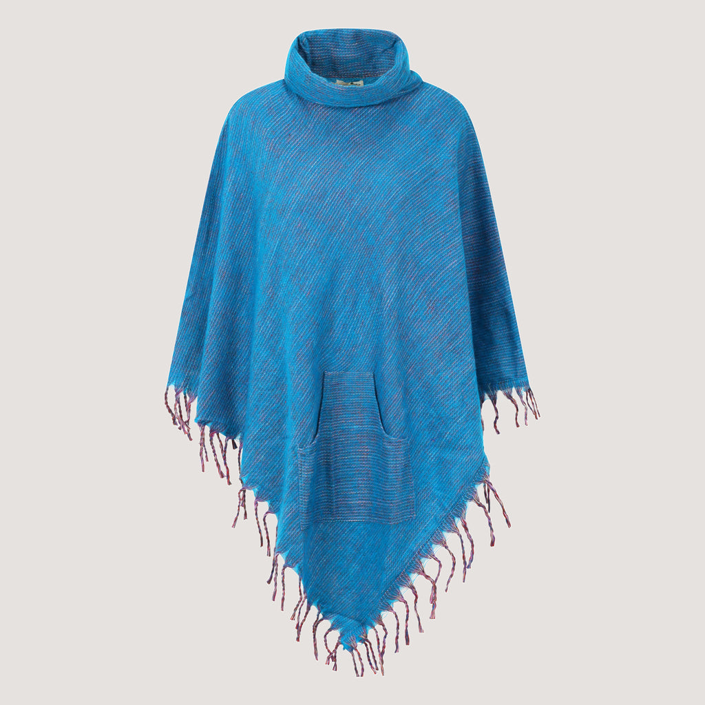 Blue roll neck, kantha embroidered, fringed poncho designed by OMishka