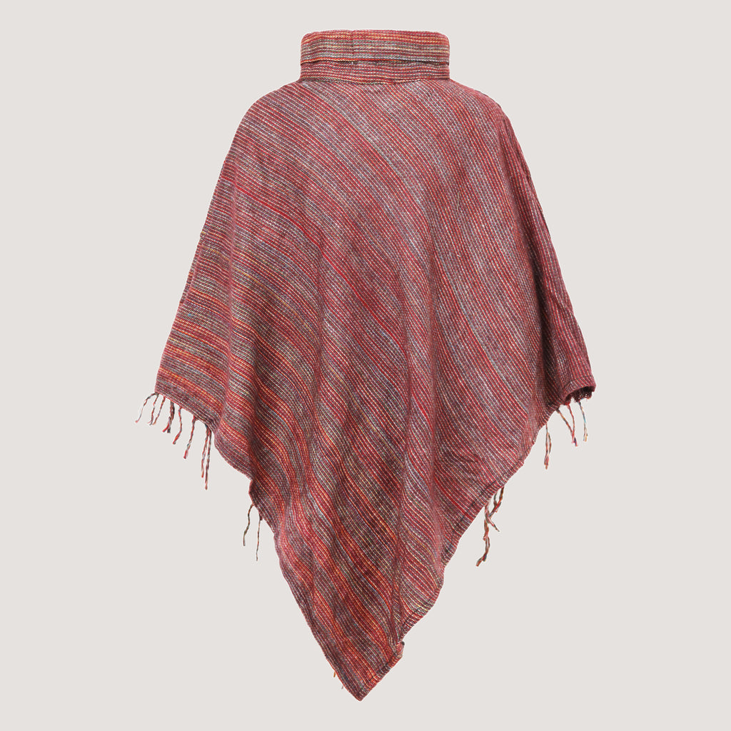 Brown cowl neck poncho featuring kantha embroidery and a fringed hemline designed by OMishka