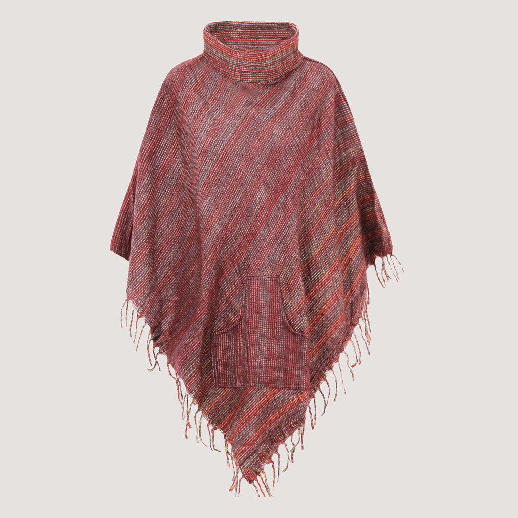 Brown roll neck, kantha embroidered, fringed poncho designed by OMishka