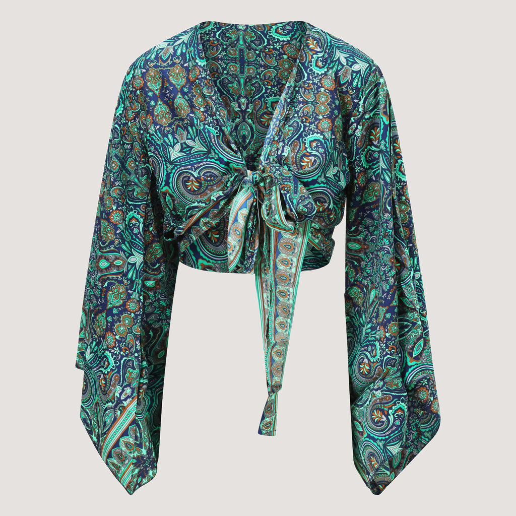 Green, teal and blue abstract patterned print sari wrap top designed by OMishka