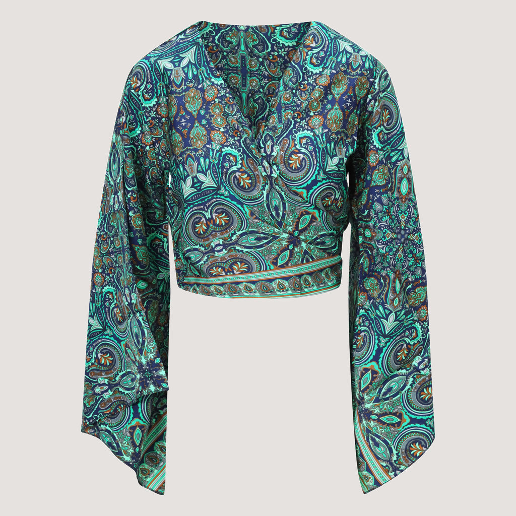 Green, teal and blue abstract print recycled sari wrap top designed by OMishka