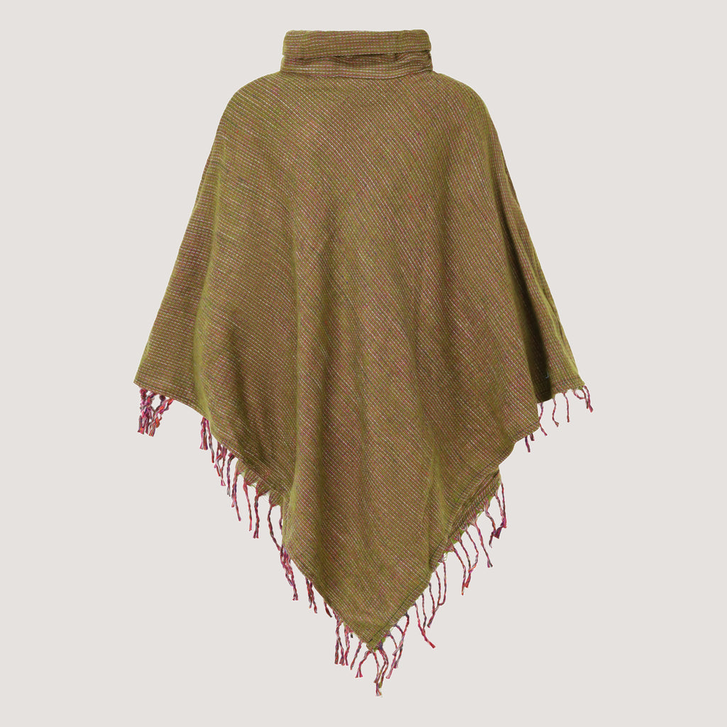 Green cowl neck poncho featuring kantha embroidery and a fringed hemline designed by OMishka