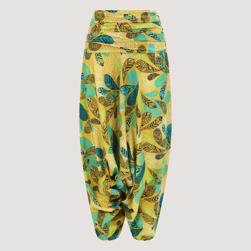 Green forest leaves harem trousers 2-in-1 bandeau jumpsuit designed by OMishka