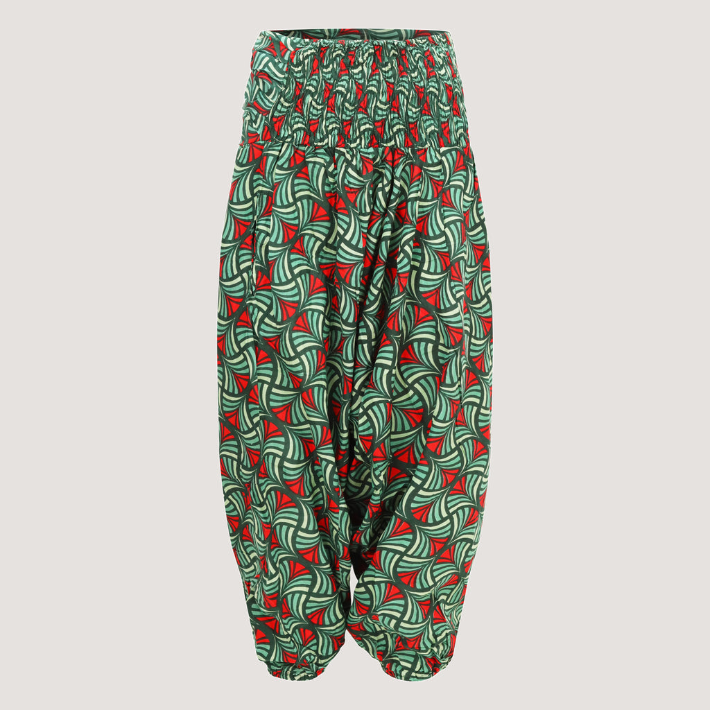 Green geo print harem trousers 2-in-1 jumpsuit designed by OMishka