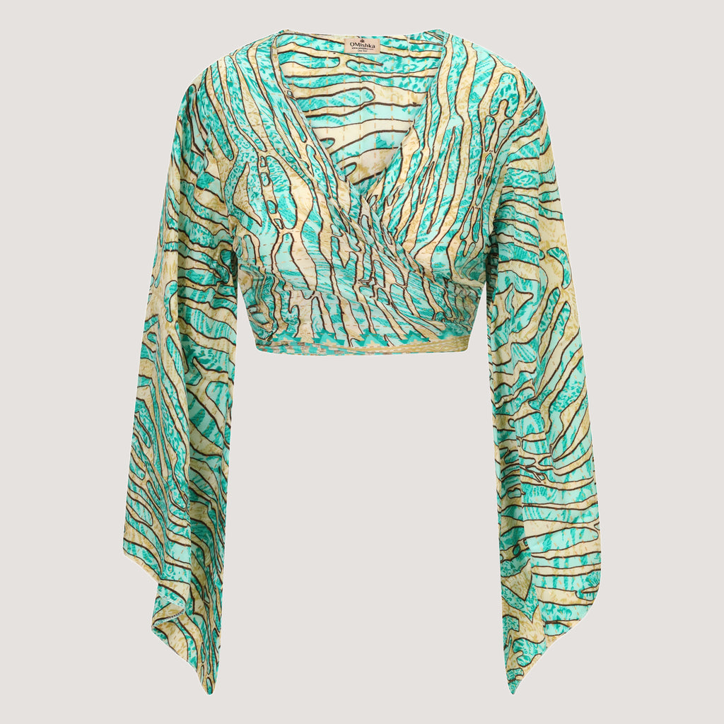 Green and gold striped animal print recycled sari wrap top designed by OMishka