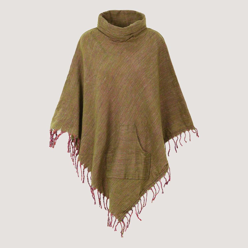 Green roll neck, kantha embroidered, fringed poncho designed by OMishka