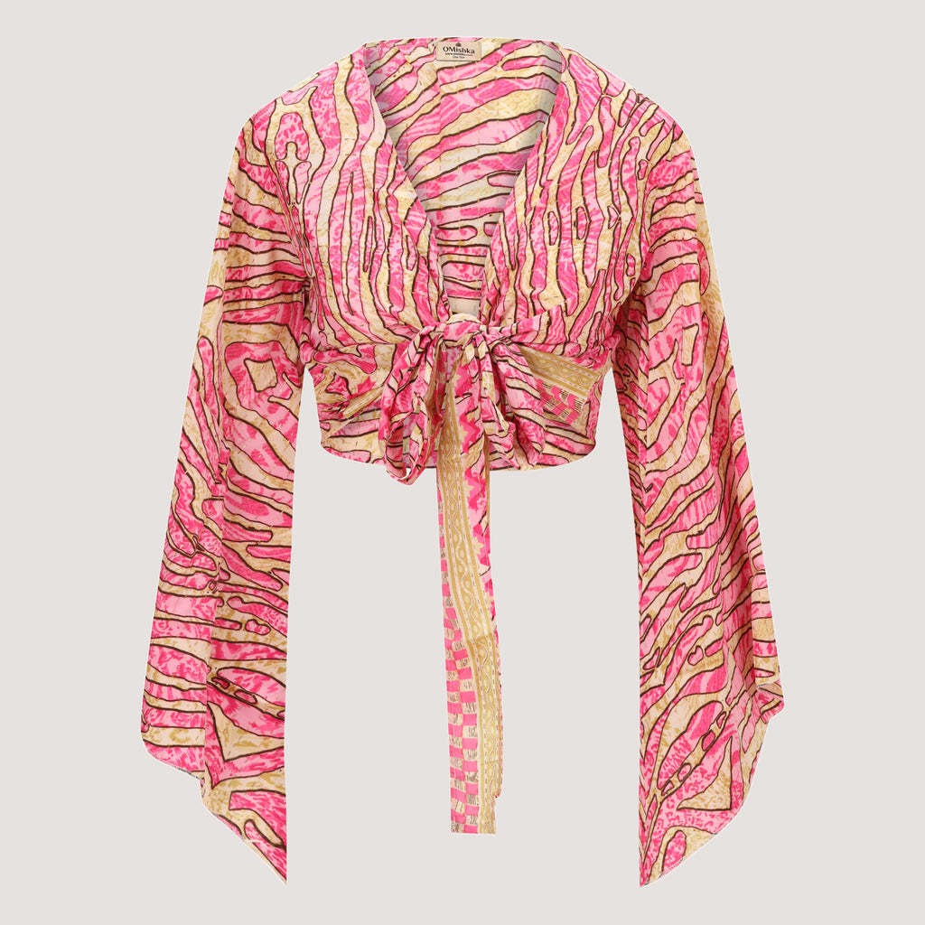 Pink and gold stripe animal print sari wrap top designed by OMishka