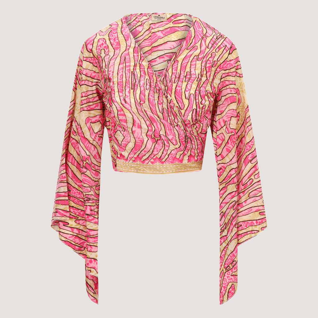 Pink and gold striped animal print recycled sari wrap top designed by OMishka