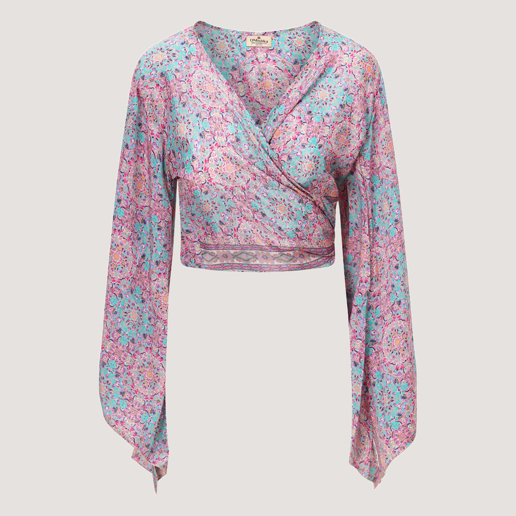 Pink and mint retro print sari wrap top designed by OMishka