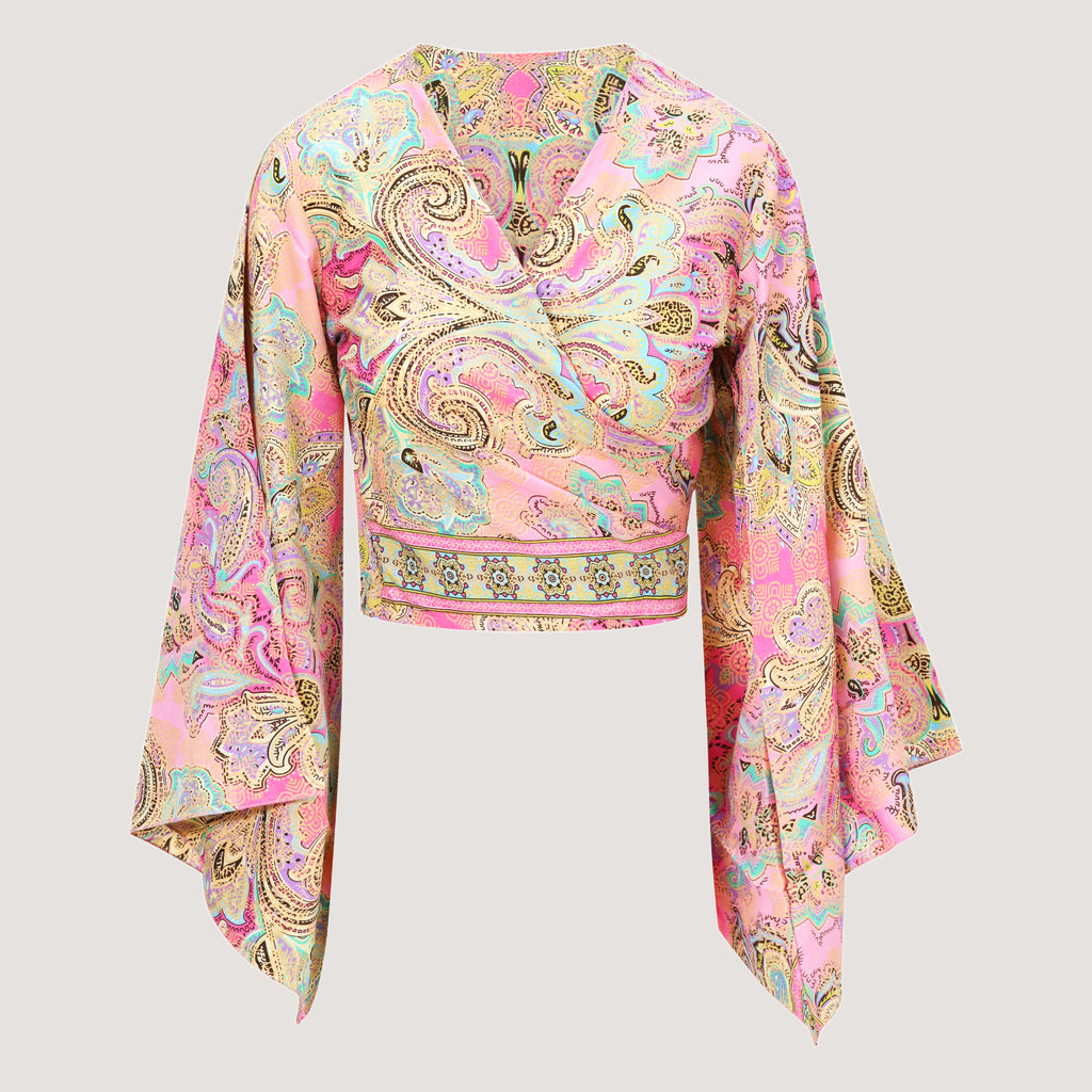 Pink swirl print sari wrap top designed by OMishka