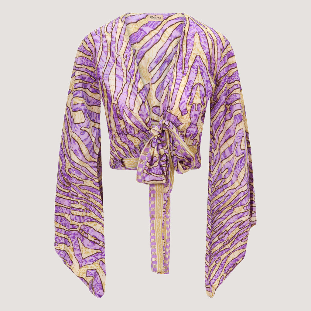 Purple and gold stripe animal print sari wrap top designed by OMishka