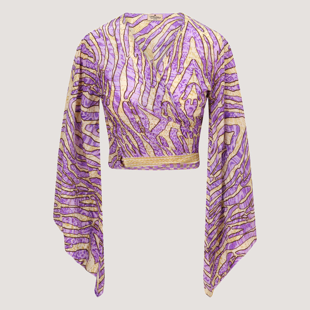 Purple and gold striped animal print recycled sari wrap top designed by OMishka