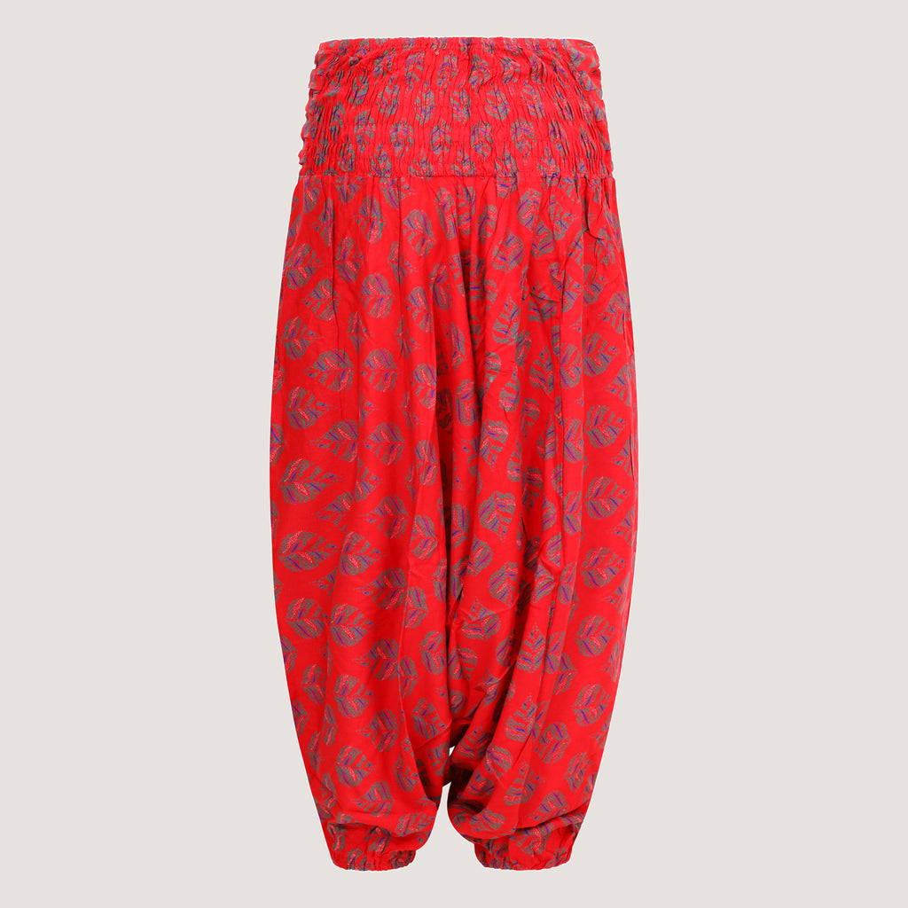 Red birch leaf bandeau jumpsuit 2-in-1 harem pants designed by OMishka