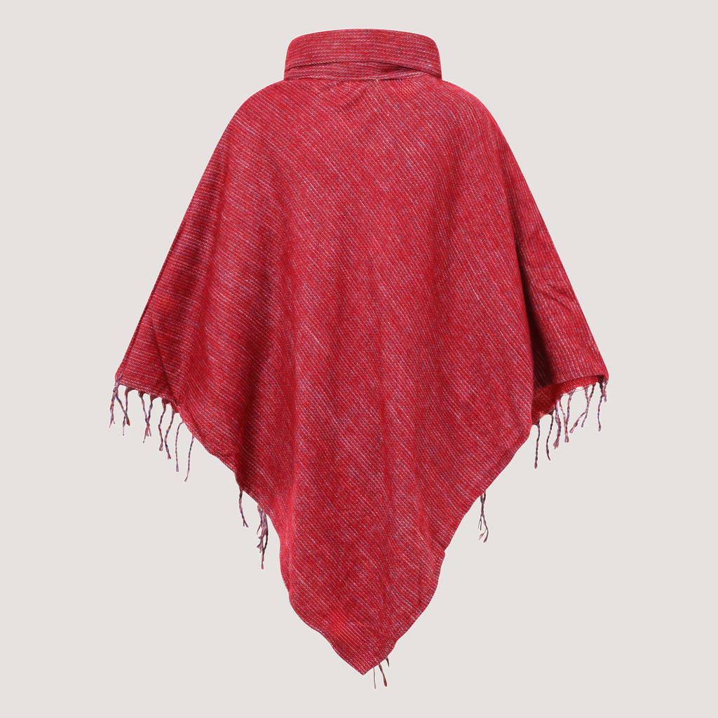 Red cowl neck poncho featuring kantha embroidery and a fringed hemline designed by OMishka