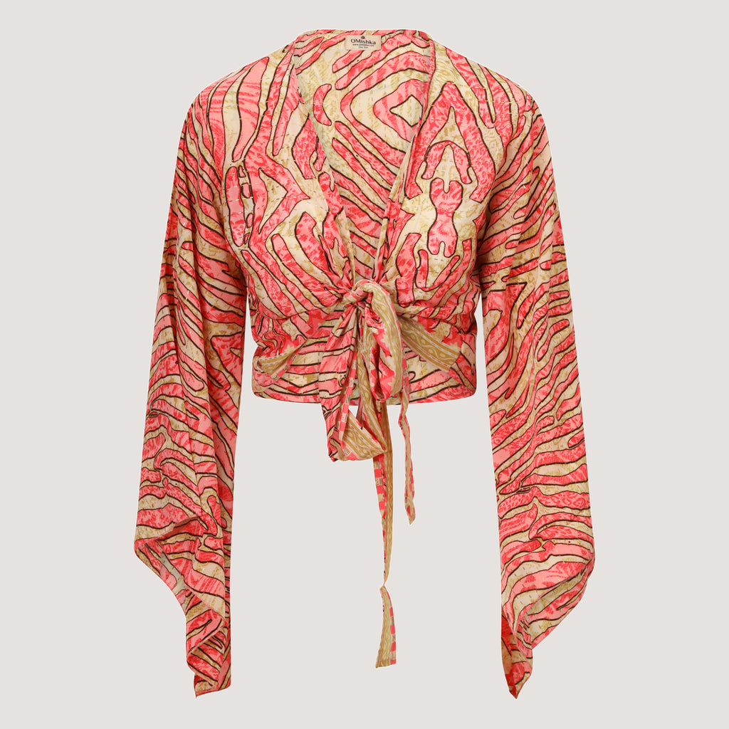 Red and gold stripe animal print sari wrap top designed by OMishka