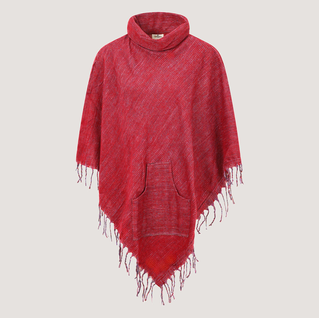 Red roll neck, kantha embroidered, fringed poncho designed by OMishka