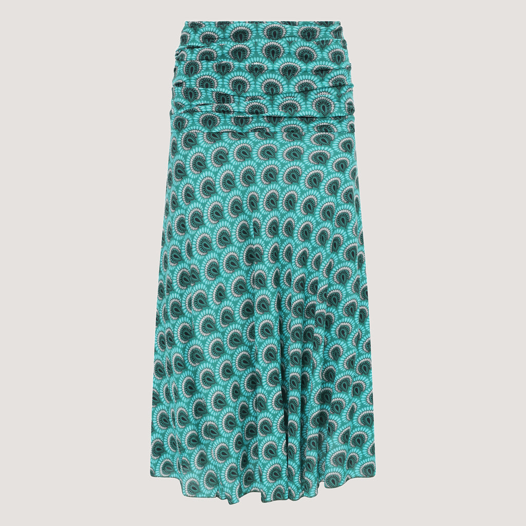 Teal feather patterned 2-in-1 skirt dress designed by OMishka