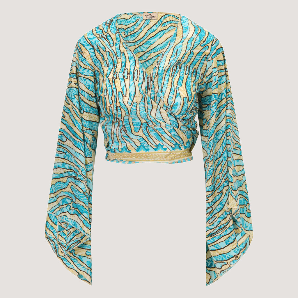 Teal and gold striped animal print recycled sari wrap top designed by OMishka