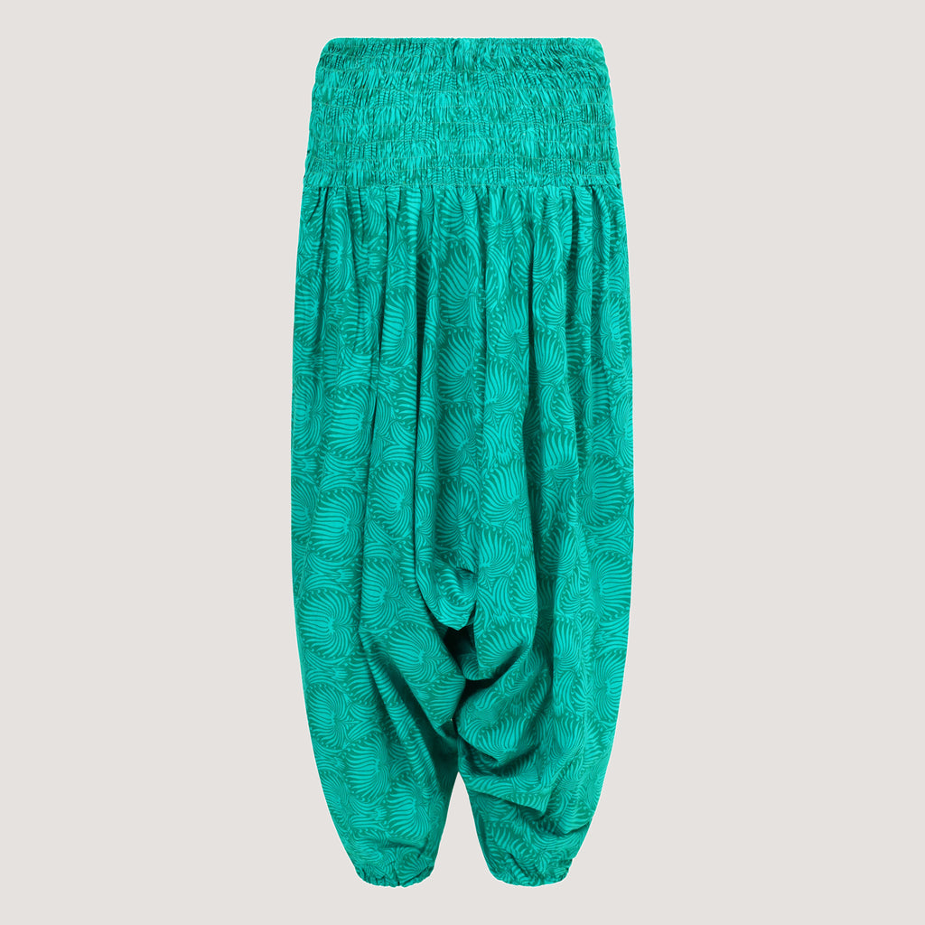 Teal palm leaf bandeau jumpsuit 2-in-1 harem pants designed by OMishka