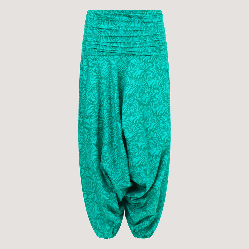 Teal palm leaf harem trousers 2-in-1 bandeau jumpsuit designed by OMishka