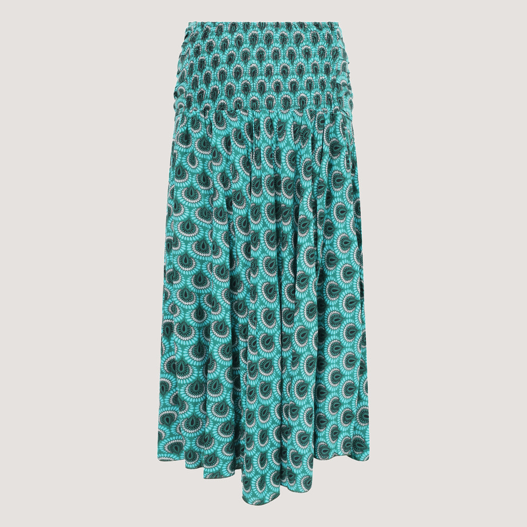 Teal feather patterned strapless dress designed by OMishka