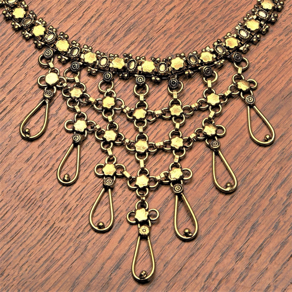 Artisan handmade pure brass, decorative open teardrop, adjustable chain bib necklace designed by OMishka.