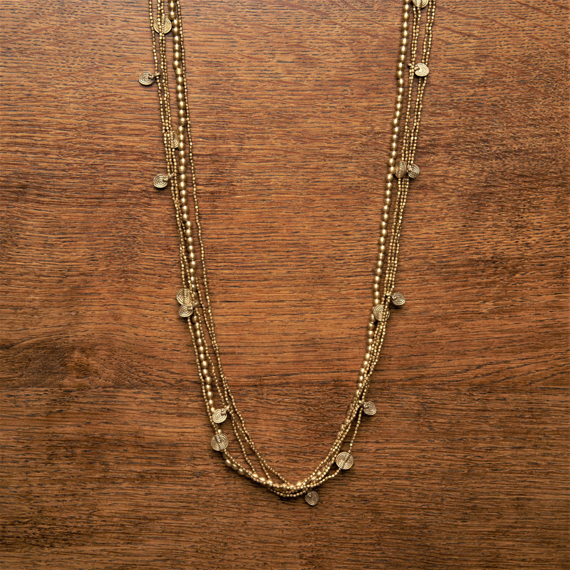 Artisan handmade pure brass, tiny cube and round beaded, mini disc charm, long multi strand necklace designed by OMishka.