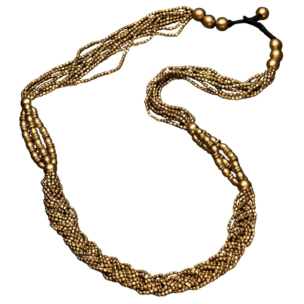 Artisan handmade pure brass, tiny cube beaded, chunky woven multi strand necklace designed by OMishka.