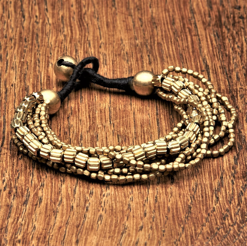 Artisan handmade pure brass, etched barrel beaded multi strand bracelet designed by OMishka.