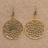 Artisan handmade pure brass, lotus flower mandala, disc drop earrings designed by OMishka.