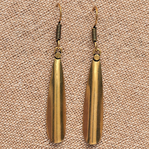 Long Pure Brass Feather Drop Earrings