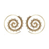Artisan handmade pure brass, tribal dotwork decorated, spiral hoop earrings designed by OMishka.