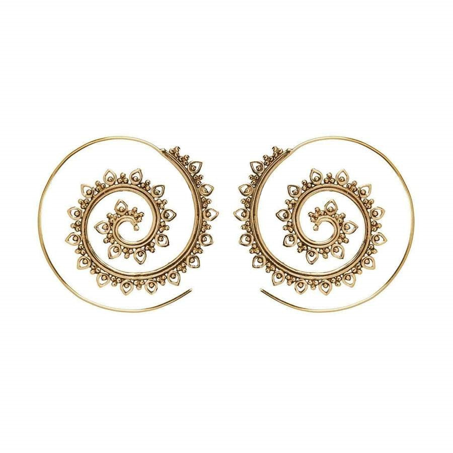 Artisan handmade pure brass, tribal dotwork decorated, spiral hoop earrings designed by OMishka.