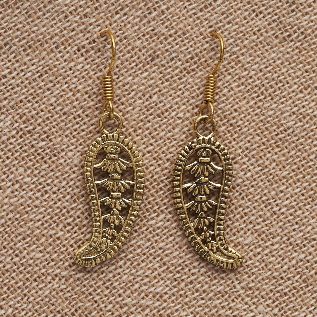 Artisan handmade pure brass, filigree mango motif, dainty leaf drop earrings designed by OMishka.