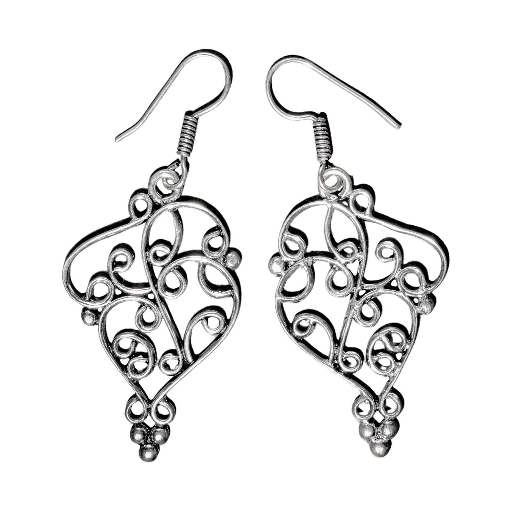 Artisan handmade, large, ornate solid silver, swirl and beaded drop earrings designed by OMishka.