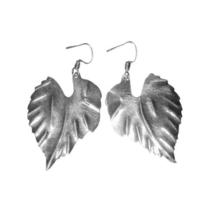 Artisan handmade solid silver, large single leaf drop earrings designed by OMishka.