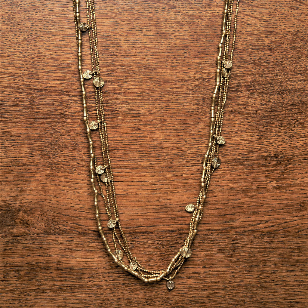 Artisan handmade pure brass, tiny cube and barrel beaded, mini disc charm, long multi strand necklace designed by OMishka.