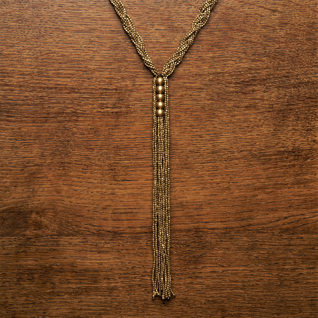 Artisan handmade pure brass, tiny cube and round beaded, plaited, long drop multi strand necklace designed by OMishka.
