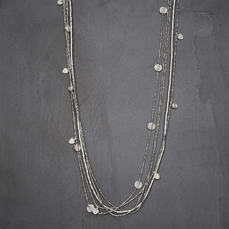 Artisan handmade silver, tiny cube and barrel beaded, mini disc charm, long multi strand necklace designed by OMishka.