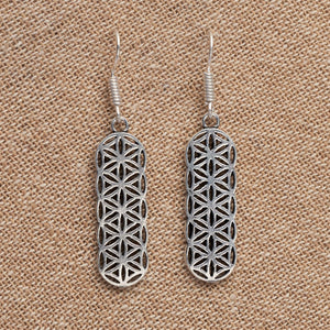 Artisan handmade solid silver, long flower of life drop hook earrings designed by OMishka.