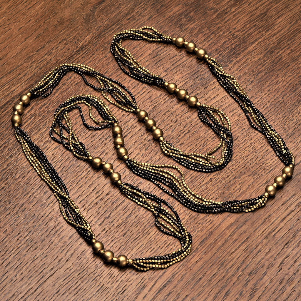Artisan handmade, striped pure golden and black brass, beaded, long multi strand necklace designed by OMishka.