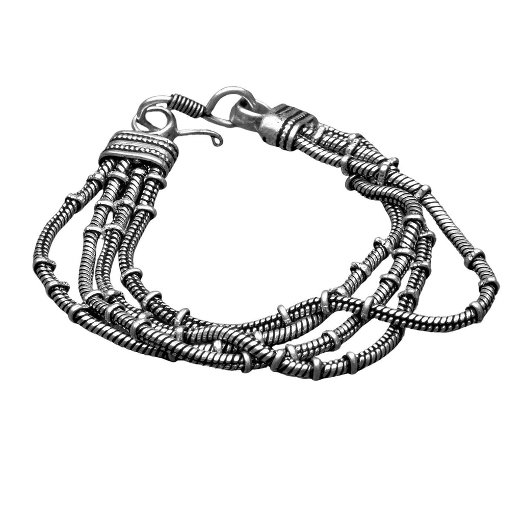 Artisan handmade silver toned plated brass, multi four strand, subtle beaded snake chain bracelet designed by OMishka.