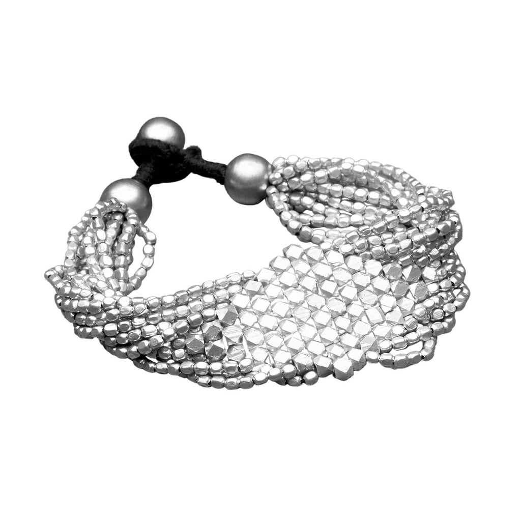 Artisan handmade silver, elegantly beaded diamond cut, multi strand bracelet designed by OMishka.