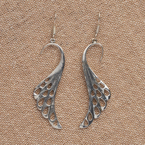 Artisan handmade solid silver, long feathered wing drop hook earrings designed by OMishka.
