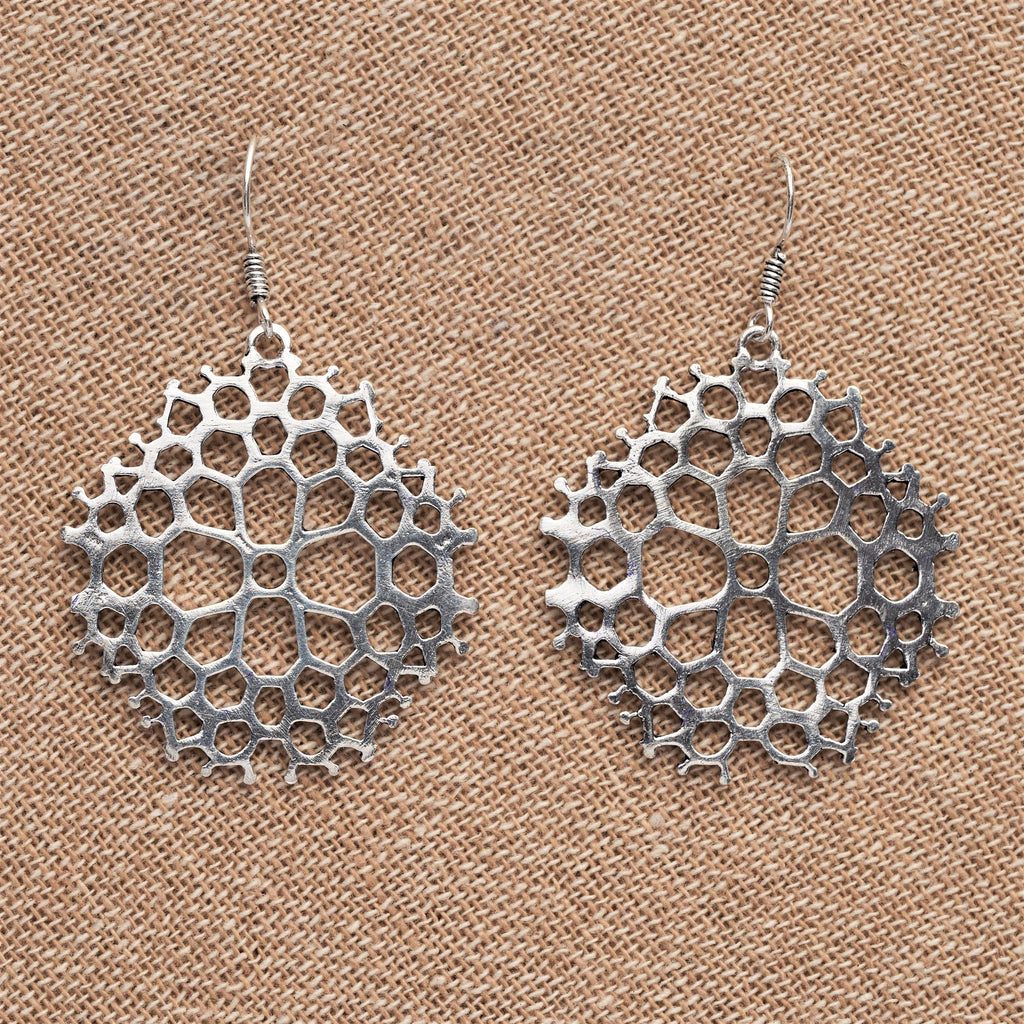 Artisan handmade solid silver, large honeycomb drop earrings designed by OMishka.