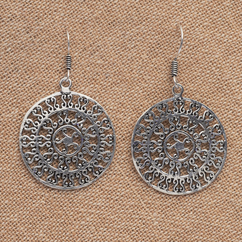 Artisan handmade solid silver, swirling flame sun mandala, disc drop earrings designed by OMishka.
